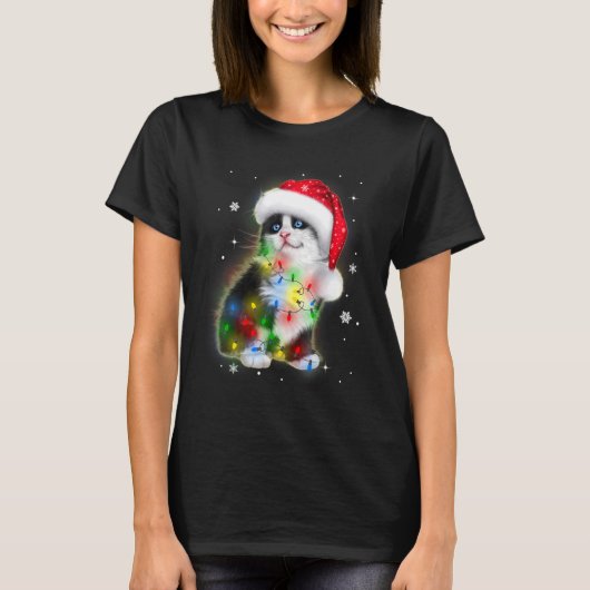 T-shirt Chat noir Led Christmas Chat mignon Merry Xmas (Devant)
