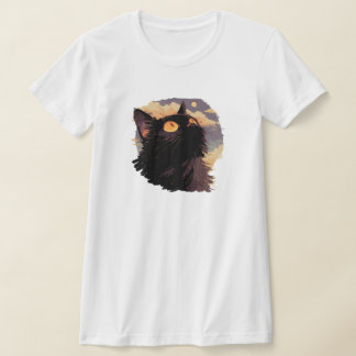T-shirt Chat noir levant la tête avec la nuit mystique