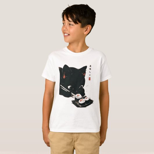 T-shirt Chat noir manger Sushi - Chat Art Japonais (Devant entier)