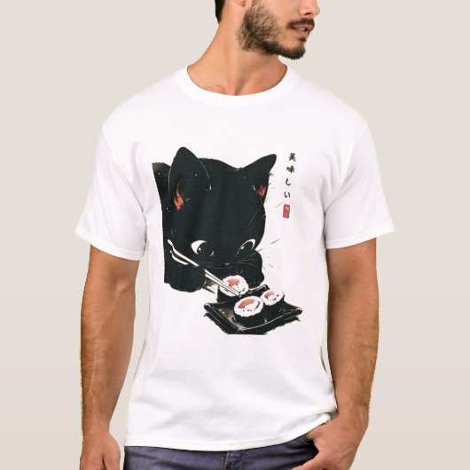 T-shirt Chat noir manger Sushi - Chat Art Japonais (Devant)