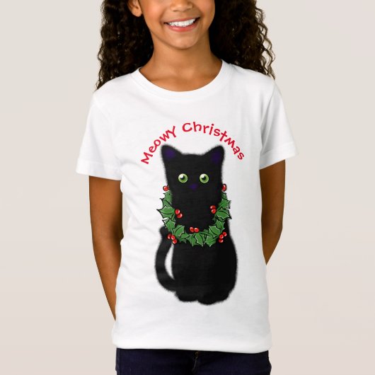 T-Shirt chat noir | Meowy Christmas | Holly garland (Devant)