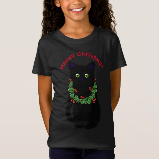 T-Shirt chat noir | Meowy Christmas | Holly garland (Devant)