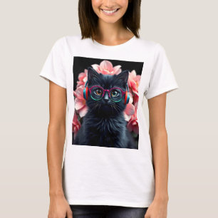 T-shirt Chat noir mignon avec lunettes et écouteurs