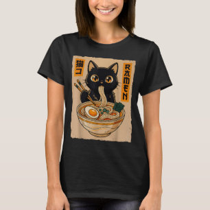 T-shirt Chat noir mignon d'anime rétro mangeant des nouill