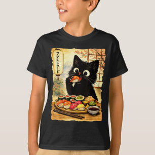 T-shirt Chat noir mignon mangeant des sushis kawaii nourri