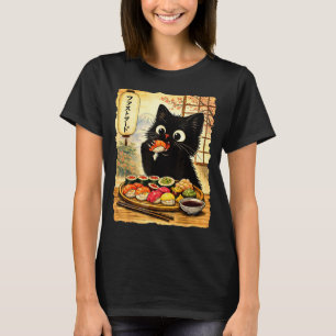 T-shirt Chat noir mignon mangeant du sushi kawaii nourritu
