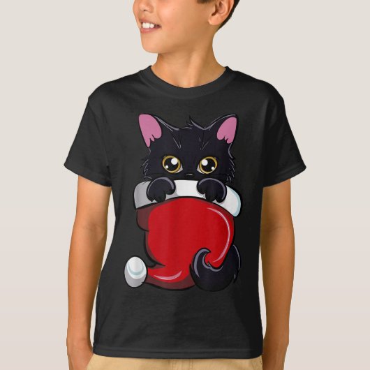 T-shirt Chat Noir Mignonne Santa Chapeau Souhaitant Une Me (Devant)