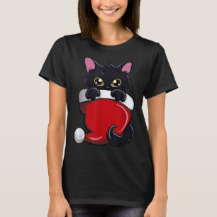 T-shirt Chat Noir Mignonne Santa Chapeau Souhaitant Une Me
