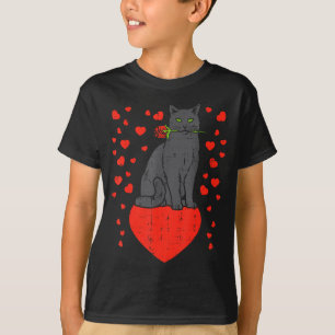 T-shirt Chat Noir Mordant des Cœurs de Rose Saint-Valentin