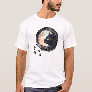 T-shirt Chat noir mystique et Pleine lune aquarelle Art
