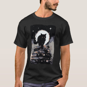 T-shirt Chat noir mystique sur une pile de livres célestes