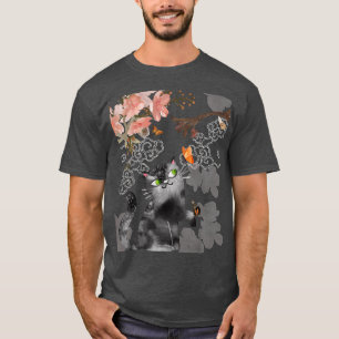 T-shirt Chat Noir & Papillons Sous La Fleur De Cerise Saku