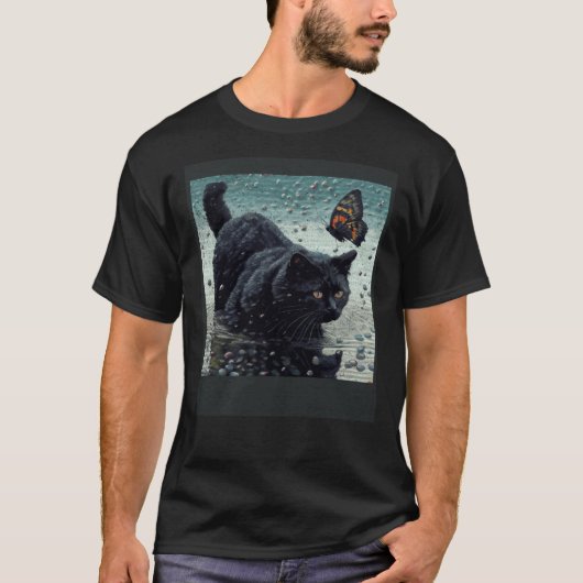 T-shirt Chat Noir Pêche Papillon (Devant)