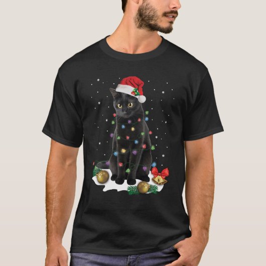 T-shirt Chat noir Père Noël lumières de Noël Drôle Chat Pa (Devant)