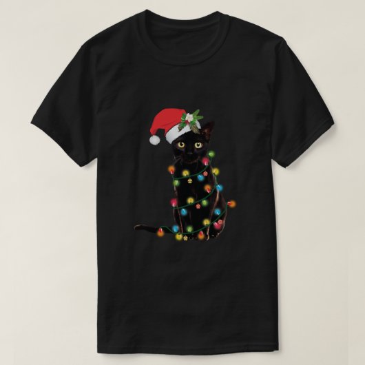 T-shirt Chat Noir Père Noël Tangée Dans Les Lumières De No (Design devant)