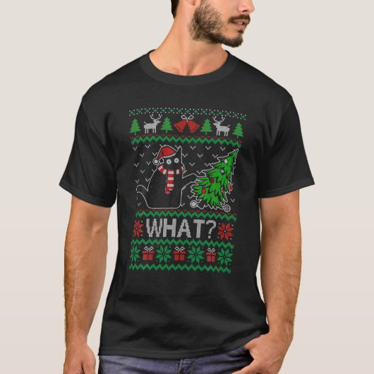 T-shirt Chat Noir Poussant Arbre De Noël Chat Quelle Chr L (Devant)
