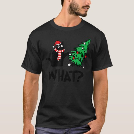 T-shirt Chat Noir Poussant Arbre De Noël Sur Chat Ce (Devant)