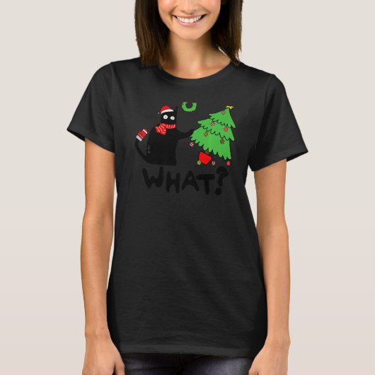 T-shirt Chat Noir Poussant Arbre De Noël Sur Chat Ce (Devant)