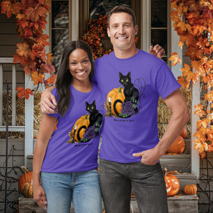 T-shirt Chat Noir Rose Pourpre Citrouille Automne