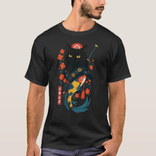 T-shirt Chat noir samouraï japonais cerisier en fleurs car