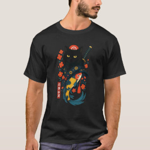 T-shirt Chat Noir Samouraï Japonais Cerisier Fleur Koi Jap