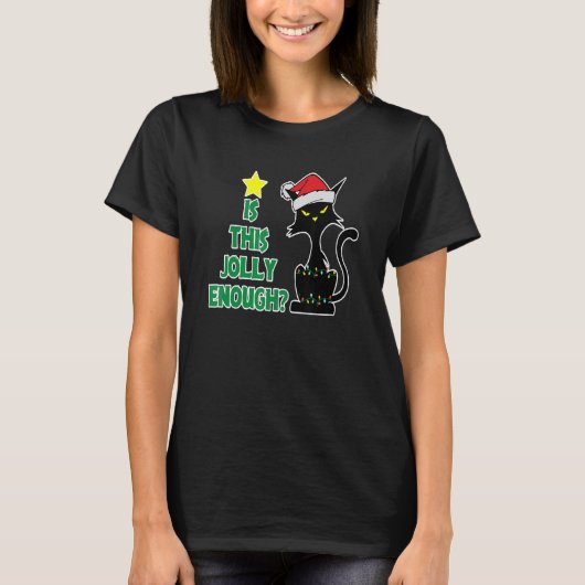 T-shirt Chat noir Santa Chapeau lumières de Noël Sweater T (Devant)