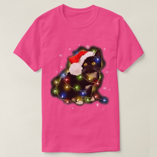 T-shirt Chat noir Santa Hat Led Christmas Lights Happy Hol (Design devant)