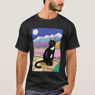 T-shirt Chat noir scène nocturne cerisier en fleur lune mo