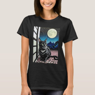 T-shirt Chat noir Scène nocturne Cerisier en fleurs Lune M