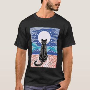 T-shirt Chat noir scène nocturne cerisier en fleurs lune m