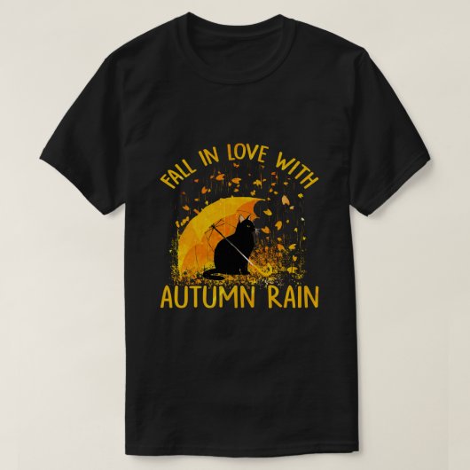 T-shirt Chat Noir Tombant Amoureux Avec Pluie D'Automne (Design devant)