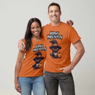 T-shirt Chat noir très effrayant avec Citrouille Jack-o'-l