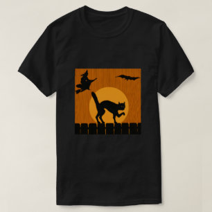 T-shirt Chat noir vintage Halloween, silhouette de sorcièr