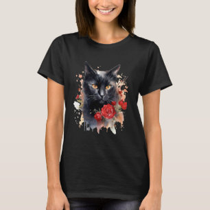 T-shirt Chat Noir Yeux Jaunes Floral Roses Rouges Fleurs C