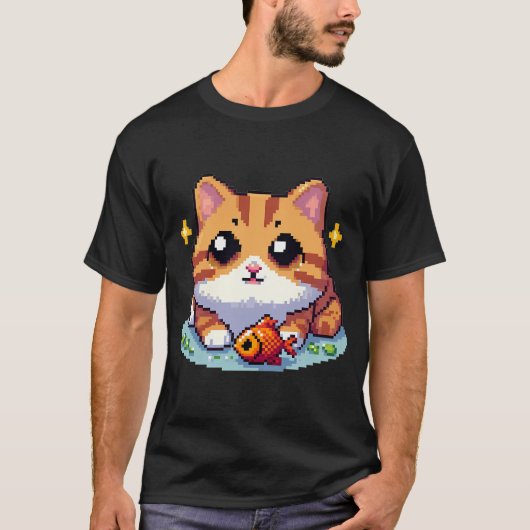 T-shirt Chat orange avec pixelart de poisson (Devant)