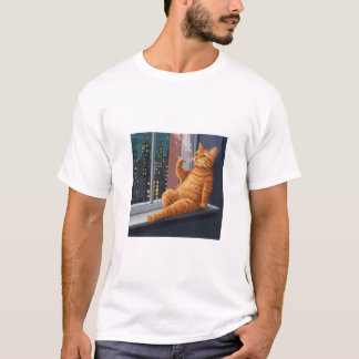 T-shirt Chat orange décontracté sur balcon – Nuit Rétro 8