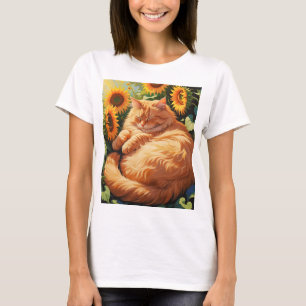 T-shirt Chat orange gras doré avec tournesol