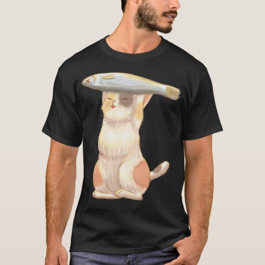 T-shirt Chat orange heureux avec poisson (Devant)