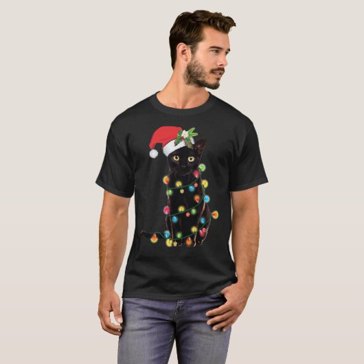 T-shirt Chat Père Noël Noir Tangé Dans Les Lumières Noël S (Devant entier)