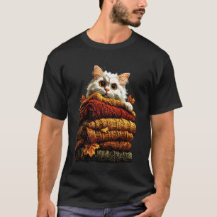 T-shirt Chat Persan Coloré Reposant avec Feuilles d'Automn