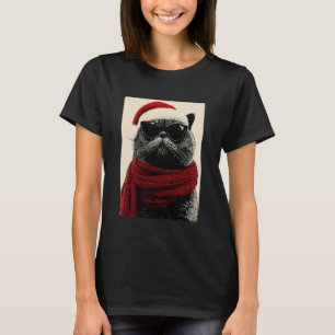 T-shirt Chat Persan de Noël avec Lunettes de Soleil Chapea