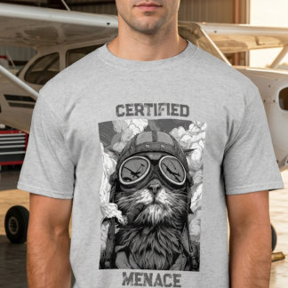 T-shirt Chat pilote drôle fumant un cigare noir et blanc