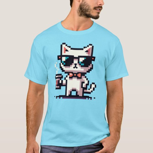 T-shirt Chat Pixel cool avec café - 8 bits Retro Feline (Devant)