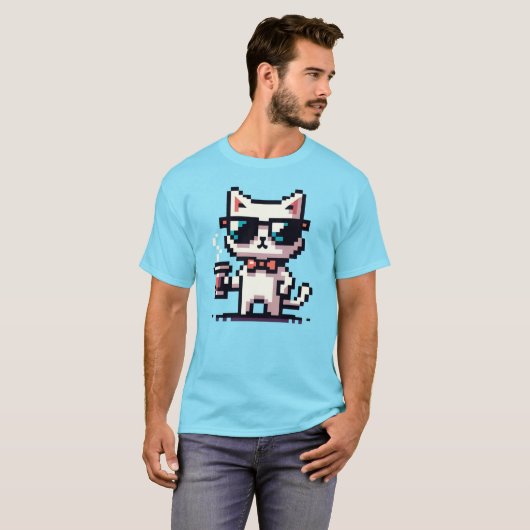 T-shirt Chat Pixel cool avec café - 8 bits Retro Feline (Devant entier)