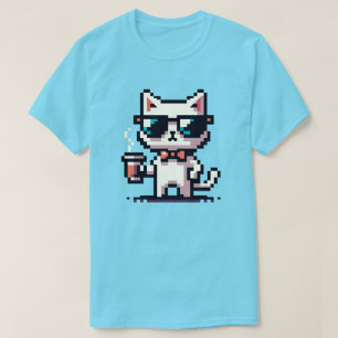 T-shirt Chat Pixel cool avec café - 8 bits Retro Feline