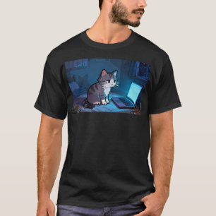 T-shirt Chat Pixel de Nuit Tardive sur Ordinateur Portable