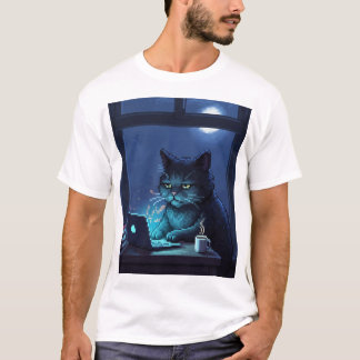 T-shirt Chat Pixel en Travail de Nuit – 2AM Vibes d'Insomn