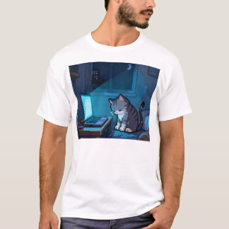 T-shirt Chat Pixel fatigué sur Ordinateur portable la Nuit