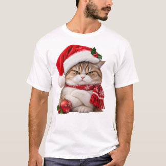T-shirt Chat portant un chapeau de Père Noël et ayant l'ai