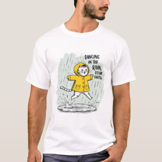 T-shirt Chat portant un imperméable, sautant dans des flaq